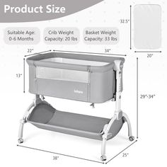 the product is shown with measurements for the baby's crib and changing table