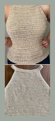 a woman wearing a crochet top with her hands on her hips and the bottom half