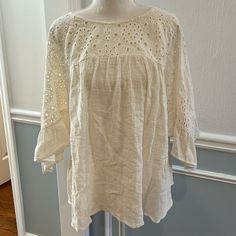 Purchased From Anthropologie Size Small Fits Oversized New With Tags Eyelet Design 3/4 Flowy Sleeves Cream/White Color Oversized 3/4 Sleeve Beach Tops, Fall Beach Blouse With 3/4 Sleeves, Half-sleeve Cotton Blouse For Brunch, Cotton Half Sleeve Blouse For Brunch, Half Sleeve Cotton Blouse For Brunch, White Casual Peasant Top With 3/4 Sleeves, Casual White Peasant Top With 3/4 Sleeve, Spring Beach Blouse With 3/4 Sleeves, Casual White 3/4 Sleeve Peasant Top