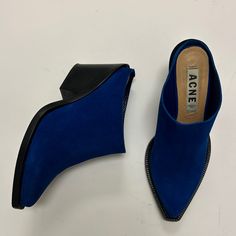 Chic Stylish On Trend Blue Suede Mules From Acne Studios. In Great Condition And Well Cared For. Comfortable And A Very On Trend Style/Shape. Size 37. Tags: Cowgirl, Western, Cowboy, Western Style, Style, Chic, Acne Studios, Acne Shoes, Acne Accessories, Street Wear, Street Style, Designer, Fashion, Runway, Blue Suede, Suede Mules, Mules, Cowboy And Western Style Blue Mules With Sculpted Heel For Spring, Modern Blue Heels With Snug Fit, Elegant Blue Mules For Spring, Blue Leather Mules For Evening, Chic Blue Mules With Round Toe, Chic Blue Heels With Leather Sole, Chic Blue Closed Toe Mules, Chic Blue Round Toe Mules, Blue Mules With Sculpted Heel For Party