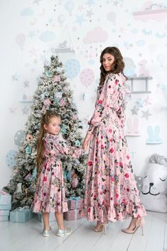 "A set of dresses for mom and daughter. Luxurious silk dresses with floral print. They are incredibly cool. Delicate dresses, at the same time very elegant. The classic style of dresses will always be relevant. Agree, it looks amazing. Indulge yourself with luxurious looks with Family look from Angelove! Shine with Family Look by Angelove! I can sew any size for you. Please choose the print option in the last photo. Milky or pink. Dear friend! We appreciate that you entrusted Angelove to become Mom Dress For Kids Birthday, Mom Adult Daughter Matching Dresses, Mom And Daughter Christmas Dresses, Mom Daughter Matching Dresses Silk, Mother And Daughter Dresses Gowns, Dresses For Mom And Daughter, Mom Daughter Matching Dresses, Mom Daughter Outfits, Mother Daughter Dresses Matching