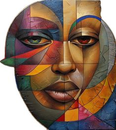 a painting of a woman's face with many different colors and shapes on it