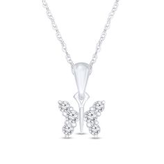 Perfectly petite, this diamond butterfly pendant is as sweet as can be. Fashioned in sterling silver, this adorable look showcases a trio of diamonds sparkling in a wing-shaped design on each side of the sculpted center. Captivating with 1/10 ct. t.w. of diamonds and a bright polished shine, this pendant suspends along an 18.0-inch rope chain that secures with a spring-ring clasp. Diamond Butterfly Necklace With Diamond Accents, White Diamond Butterfly Necklace, White Diamond Butterfly Charm Necklace, Silver Diamond Butterfly Necklace With Charm, Silver Butterfly Necklace With Diamond Accents, Silver Diamond Butterfly Necklace, Diamond Butterfly, Butterfly Pendant, Rope Chain