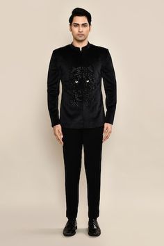 Black full sleeves bandhgala with Ferocious tiger cutdana embroidery. Paired with a trouser. - Aza Fashions Party Wear Bandhgala With Resham Embroidery And Long Sleeves, Party Wear Long Sleeve Bandhgala With Resham Embroidery, Long Sleeve Bandhgala With Resham Embroidery For Party, Party Wear Bandhgala With Long Sleeves For Diwali, Embroidered Bandhgala For Party Reception, Embroidered Bandhgala For Reception Party, Formal Black Bandhgala With Cutdana, Reception Party Wear Bandhgala With Long Sleeve, Reception Bandhgala With Long Sleeves For Party