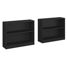 two black bookshelves sitting next to each other on a white background and one is empty