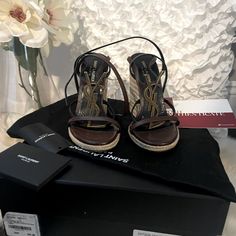 Great Condition. Saint Laurent Espadrille Wedges Size 36 Bronze Wash Ysl Logo And Buckles Brown Leather Straps I Had Some Adhesive Padding For The Ball Of The Foot Which I Removed Which Lifted Some Of The Brown Dye ( Picture #6 Was With The Pads) Excellent Condition Comes With Box, Dust Bag And Authenticity Card And , Poshmark Authenticity Card . Yves Saint Laurent Shoes, Ysl Logo, Espadrille Wedge, Brown Leather Strap, Espadrilles Wedges, Women's Shoes Sandals, Yves Saint Laurent, Leather Straps, Brown Leather