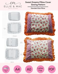 three pillows with different designs on them and the text sweet dreams pillow cover sewing pattern