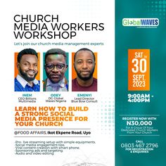 the flyer for church media workers workshop shows three men in front of an orange and blue background