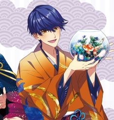 an anime character holding a fish bowl with goldfish in it's hands and another person wearing a kimono