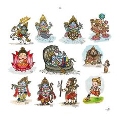 All ten avatars of Vishnu are represented using little illustrations, one for each avatar, with Mahavishnu himself taking the central place along with Sesha, the king of snakes. The following avatars (in clock-wise order) are represented here: Matsya, Kurma, Varaha, Narasimha (along with Prahlada and Hiranyakasipa), Vamana (along with Bali chakravarthi), Ciranjivi Parasurama, Rama, Krishna, Buddha and Kalki. The names of the avatars are written in Sanskrit+Devanagari, at the bottom of each figur Narayan All Avatars, Narasimha Avatar Drawing, Parasurama Avatar, Matsya Avatar Art, Varaha Avatar, Matsya Avatar, Kalki Avatar, Rama Krishna