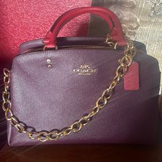 Boysenberry Colorsold Out. This Bag Is Gorgeous. The Color Combination Is Beautiful. In Great Condition, Comes With Dustbag And Crossbody Strap. Does Not Include Chain Coach Burgundy Shoulder Bag With Gold-tone Hardware, Burgundy Bags With Branded Hardware For Daily Use, Luxury Burgundy Coach Bag, Chic Burgundy Shoulder Bag With Branded Hardware, Purple Crossbody Satchel With Gold-tone Hardware, Shopping Bags With Branded Hardware In Burgundy, Burgundy Bags With Gold-tone Hardware And Double Handle, Burgundy Bags With Branded Hardware For Shopping, Burgundy Double Handle Bags With Gold-tone Hardware