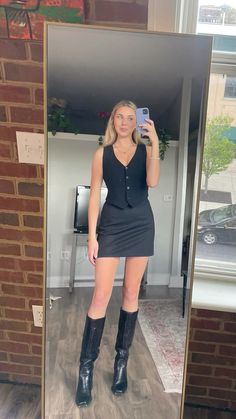 #aritzia vest, pinstripe skirt, vince camuto knee high boots Vince Camuto Boots Outfit, Pinstripe Vest Outfit, Pinstripe Skirt Outfit, Aritzia Vest, Aritzia Outfit, Plated Skirt, Pinstripe Skirt, Vince Camuto Boots, Vest Outfit