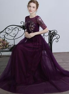 Dark Purple 1/2 Sleeves Tulle with Sequins Applique Party Dress, Purple Long Formal Dress Party Dress Purple, Long Formal Dress, Sequin Appliques, Purple Shorts, Dress Purple, Purple Dress, Knee Length Dress, Dark Purple, Formal Dress