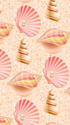 an image of seashells and pearls on a pink background with polka dotes