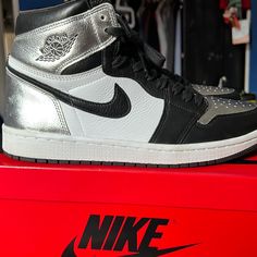 Wore Once Shoes Jordan 1, Shoes Jordan, Womens Jordans, Jordan Shoes, Jordan 1, Black Silver, Jordan, Women Shoes, Women Shopping