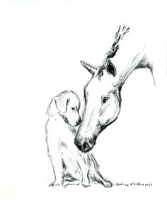 a pencil drawing of a dog and a puppy