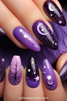 Purple Nail Design, Plum Nails, Witchy Nails, Purple Nail Art, Moon Nails, Purple Nail Designs, Soft Lavender, Purple Nail, Art Magic