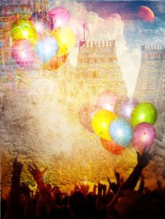 a group of people holding up balloons in front of an image of a castle and sky