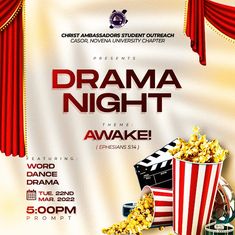 a movie poster for drama night with popcorn