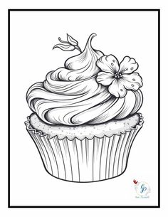 a cupcake with icing and flowers on top is shown in black and white