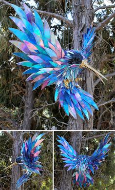 three pictures of colorful feathers hanging from trees