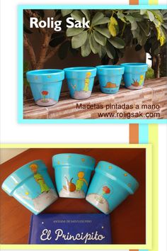 four blue cups with the words rolig sak written in spanish on them