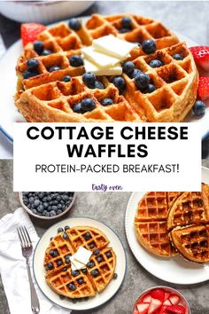 cottage cheese belgian waffles on plates served with fruit and butter Cottage Cheese Oats, Waffles Healthy, Cottage Cheese Protein, Healthy Breakfast Idea, Baking Spices, Waffle Iron Recipes, Cheese Waffles