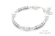 Diamonds & Pearls Mother's Bracelet Elegant Personalized Jewelry With Round Beads, Elegant Personalized Round Bead Jewelry, Elegant Customized Jewelry With Round Beads, Elegant Personalized Sterling Silver Beaded Bracelets, Classic Personalized Pearl Jewelry, Elegant Silver Engraved Beaded Bracelets, Elegant Engraved Silver Beaded Bracelets, Elegant Customizable Beaded Bracelets For Personalized Gifts, Customizable Elegant Beaded Bracelets For Personalized Gifts