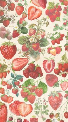 a bunch of strawberries on a white background with green leaves and berries in the middle