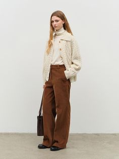 These semi-wide corduroy slacks are a charming addition to your wardrobe, offering a wide fit look with a vintage vibe.- Made of 100% cotton corduroy fabric for a soft and comfortable feel- Available in black, cream, brown, and pink colors for versatile styling options- Features refined pocket details and buttons with the logo Brown Corduroy Pants Outfit, Cordoroy Pants, Light Outfits, Corduroy Pants Outfit, Academia Light, Nyc Outfits, Lit Outfits, Brown And Pink, Corduroy Fabric