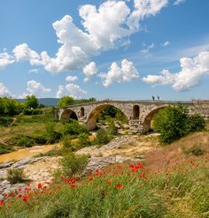 a stone bridge over a river with red flowers in the foreground