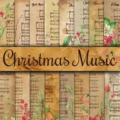 christmas music digital papers with flowers and sheet music on them for scrapbooking or crafts