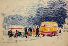 a drawing of people waiting at a bus stop in the rain with an orange bus