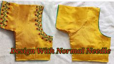 the back and side of a yellow blouse with floral embroidery on it, sitting on a white sheet