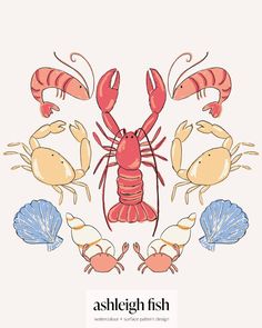 an illustration of lobsters and seashells with the words ashletth fish