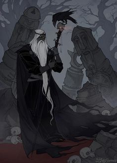 an old man with long white hair holding a wand in his hand and standing next to a pile of skulls