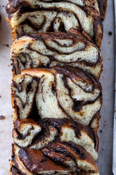 chocolate swirl bread is sliced and ready to be eaten