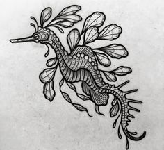 a black and white drawing of a seahorse with leaves on it's back