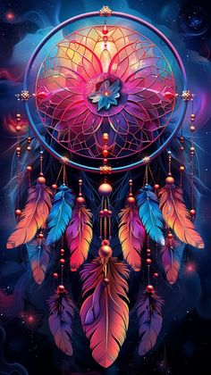 a painting of a dream catcher with feathers and beads hanging from it's sides