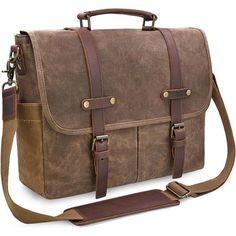 Durable & Waterproof: Men Messenger Bag Is Made Of Superior Crazy Horse Cowhide Leather And Water Resistant Canvas For Long-Term Use. Disordered Wrinkles And Scratches On Surface Create A Vintage And Wild Looking. Plenty Room For Organizing: This Leather Messenger Bag Has 9 Pockets To Meet Your Various Need. 5 Outer Pockets And 4 Inner Pockets For Putting Your Bottle, Umbrella, Cards, Wallet, Laptop And Anything In Their Right Position. Removable & Adjustable Strap: Shoulder Strap Of Canvas Mess Brown Leather Messenger Bag, Waxed Canvas Bag, Rugged Leather, Laptop Messenger Bags, Canvas Messenger Bag, Messenger Bag Men, Leather Laptop, Leather Messenger Bag, Leather Briefcase