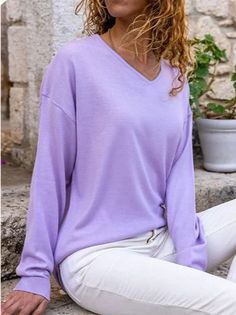 Affordable price buy T-shirts on Zolucky, SPU: 2947TO618893, Color: Purple Gray, Waistlines:Natural, Elasticity:Micro-Elasticity. Online Tops, Purple Grey, Casual Fall, Shirt Online, Vneck Sweater, Casual Tops, Casual Shirts, Long Sleeve Tshirt, Shirt Blouses