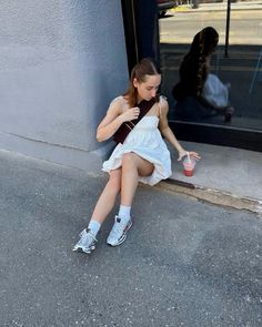 Pinterest girl outfit check photo idea, summer fashion, white mini ballon dress, beautiful girl, that girl vibe, smoothie girl, crossbody bag, Nike p-6000, shoes pearls bow accessories P 6000 Outfit, Nike P 6000 Outfit, Nike P6000 Outfit, Nike P6000, Bag Nike, P 6000, Girl Vibe, Outfit Check