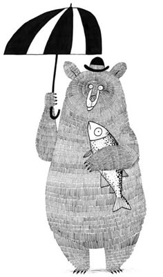 a drawing of a bear holding an umbrella with fish on it's back and wearing a hat