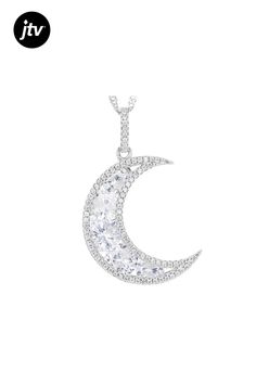 Bella Luce�� white diamond simulant 8.26ctw round rhodium over sterling silver moon pendant with chain. Pendant measures approximately 0.94"L x 0.31"W with 18" Singapore Chain plus 2" extender and lobster claw clasp. The diamond equivalent weight is 5.00ctw. Formal Moon Phase Sterling Silver Jewelry, Celestial Cubic Zirconia Jewelry In Diamond White, Silver Cubic Zirconia Moon Necklace, Moon Shaped Sterling Silver Jewelry With Diamond Accents, White Crescent Diamond Jewelry, White Gold Moon-shaped Jewelry For Formal Occasions, Formal White Gold Moon-shaped Jewelry, Formal White Gold Moon Shaped Jewelry, Moon-shaped Cubic Zirconia Jewelry For Gifts