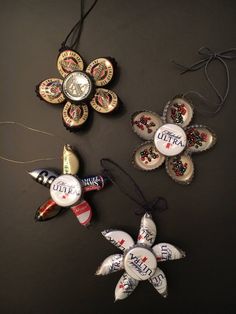 three ornaments made out of beer caps and wine bottles