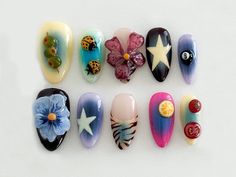 🌸 Delight in Nature's Beauty with Our Artisan Press-On Nails 🌸 ✨ Why You'll Love This Set: Handcrafted Perfection: Each nail in this set is meticulously hand-painted with unique designs inspired by the beauty of nature. From charming ladybugs 🐞 to delicate flowers 🌺 and whimsical fruit 🍋, each piece tells a story. Vibrant Colors & Intricate Details: Experience the vibrancy of summer all year round with rich colors and exquisite details that pop! Perfect for special occasions or everyday wear. Top-Quality Materials: We use only the best materials for our nails, ensuring they are both durable and comfortable. Enjoy a salon-quality look without the hassle! 🌟 Inside Your Set: 12 press-on nails in various sizes Mini nail file Nail glue & adhesive tabs for easy application Detailed applica Maximalist Nails, Long Nails Almond, Unique Nail Art, Whimsical Nature, 3d Flower Nails, Japanese Nails, Party Nails, Nail Swag