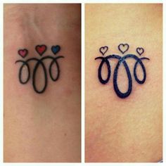 two pictures of tattoos on the back of someone's stomach, one with hearts