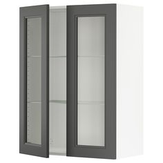 a white and grey cabinet with glass doors on the front, and two shelves behind it