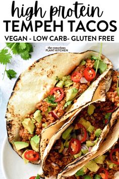 three vegan - low carb gluten tacos on a white plate