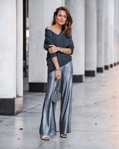 Silver Look Outfit, Metallic Pants Outfit Silver, Silver Wide Leg Pants Outfit, What To Wear With Black Sequin Pants, Metallic Blazer Outfit, Sparkly Trousers Outfit, How To Style Silver Pants, Sparkle Blazer Outfit, How To Style Sequin Pants